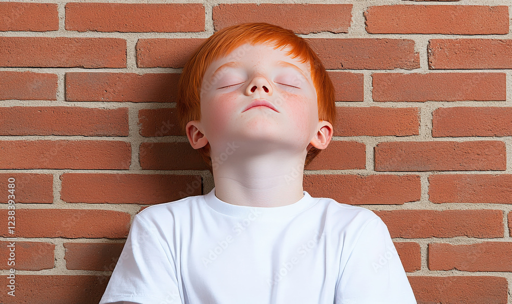 Peaceful Young Boy with Red Hair Leaning Against Brick Wall, Eyes Closed, Enjoying Calm Moment of Reflection in a Cozy Indoor Setting Peaceful Young Boy with Red Hair Leaning Against Brick Wall, Eyes Closed, Enjoying Calm Moment of Reflection in a Cozy Indoor Setting
