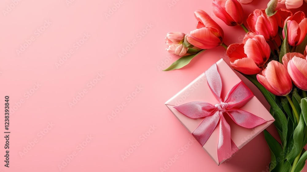 Top view a bouquet of tulips is placed next to a gift box on pink background and copy space for valentine's day. Top view a bouquet of tulips is placed next to a gift box on pink background and copy space for valentine's day.