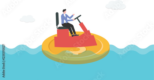 Businessmen control the money coin boat.

