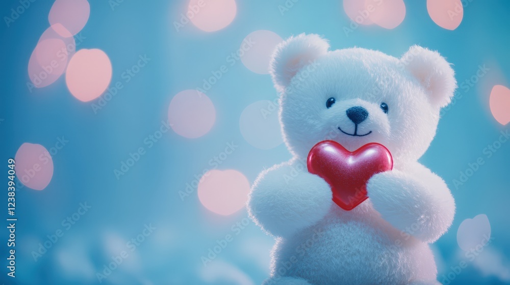 Fototapeta premium Adorable White Teddy Bear Holding a Pink Heart Against Soft Blue Background with Pink Bokeh Lights for Happy Teddy Day, Valentine Week Celebration.