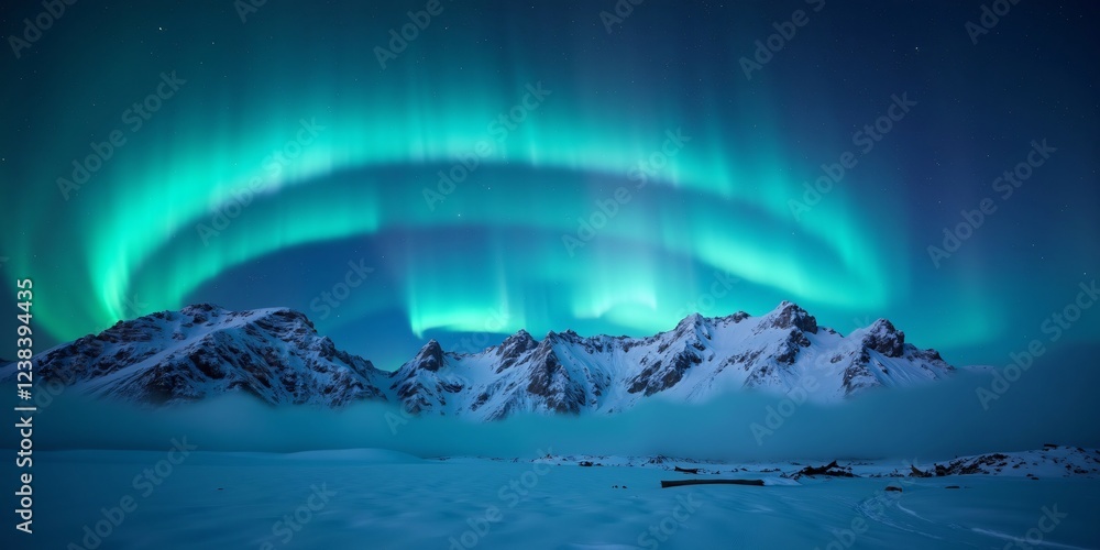 Naklejka premium Majestic Northern Lights Over Snowy Mountains – Ultra-HD Night Sky Scenery