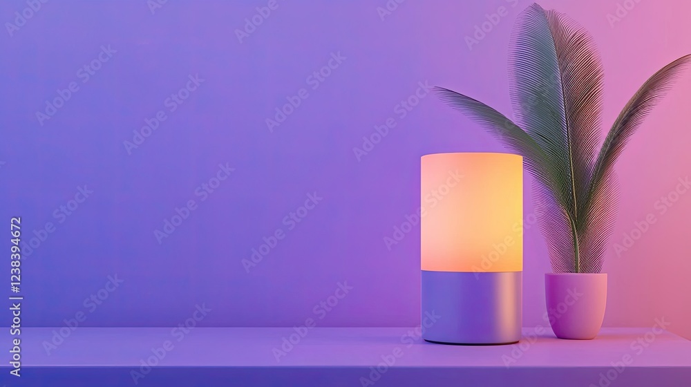 A modern lamp emits a warm glow beside a potted plant, creating a cozy atmosphere with soft purple hues in the background. A modern lamp emits a warm glow beside a potted plant, creating a cozy atmosphere with soft purple hues in the background.