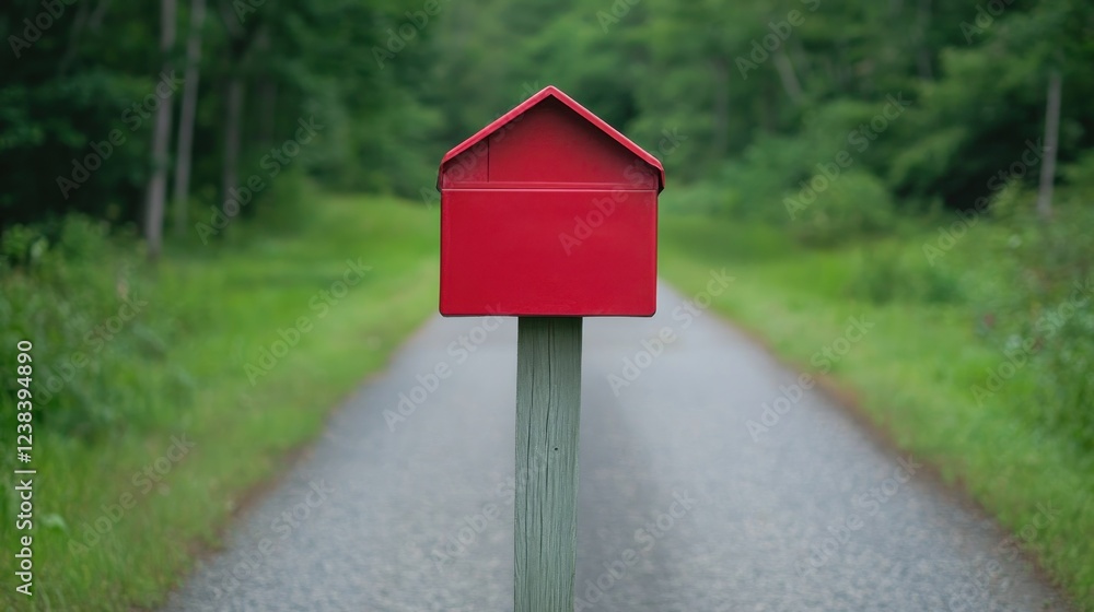 Bright Red Mailbox on Pathway Surrounded by Lush Green Nature in a Peaceful Landscape Scene Bright Red Mailbox on Pathway Surrounded by Lush Green Nature in a Peaceful Landscape Scene