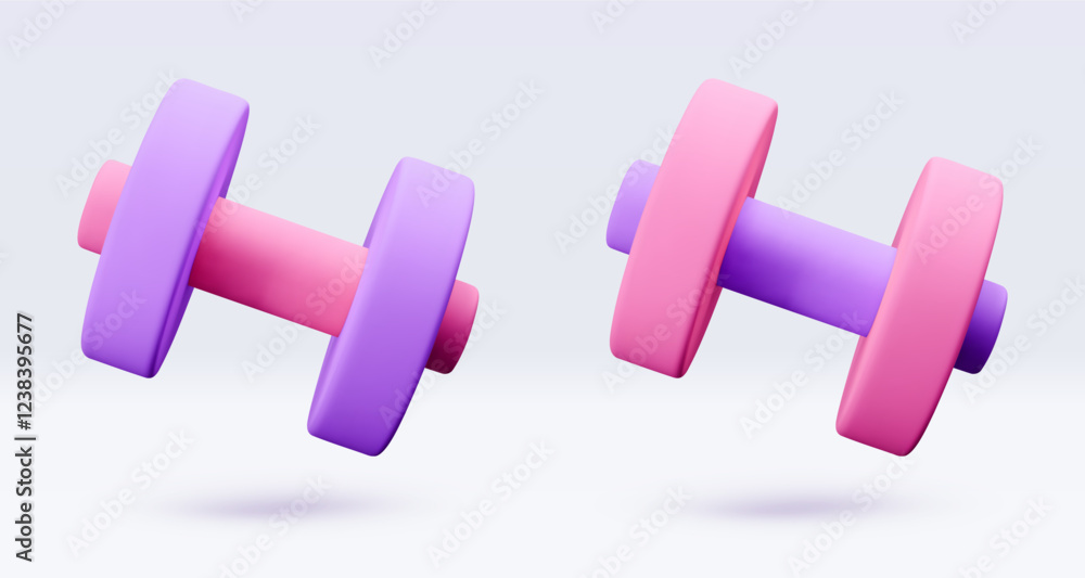 Pink, Purple, violet Dumbbell Realistic icon, 3d render. Isolated on white backround. Sport And Fitness design set. Vector illustration for shop, flyer, banner, web, advertising, sale Pink, Purple, violet Dumbbell Realistic icon, 3d render. Isolated on white backround. Sport And Fitness design set. Vector illustration for shop, flyer, banner, web, advertising, sale