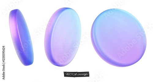 Set 3d iridescent hologram disk, coin, podium, pedestal. Render figure with purple, pink, blue colors. Vector illustration isolated on white for design projects, product display, presentation, adv