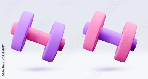 Pink, Purple, violet Dumbbell Realistic icon, 3d render. Isolated on white backround. Sport And Fitness design set. Vector illustration for shop, flyer, banner, web, advertising, sale