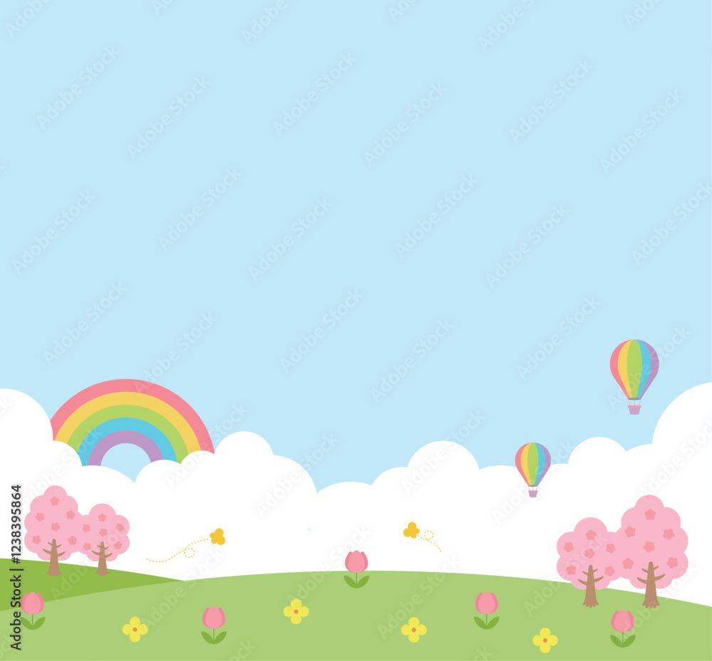 Spring nature landscape background illustration. Hot air balloons are floating, a sky with a rainbow and clouds, butterflies are flying, and trees with tulips and cherry blossoms in bloom. Spring nature landscape background illustration. Hot air balloons are floating, a sky with a rainbow and clouds, butterflies are flying, and trees with tulips and cherry blossoms in bloom.