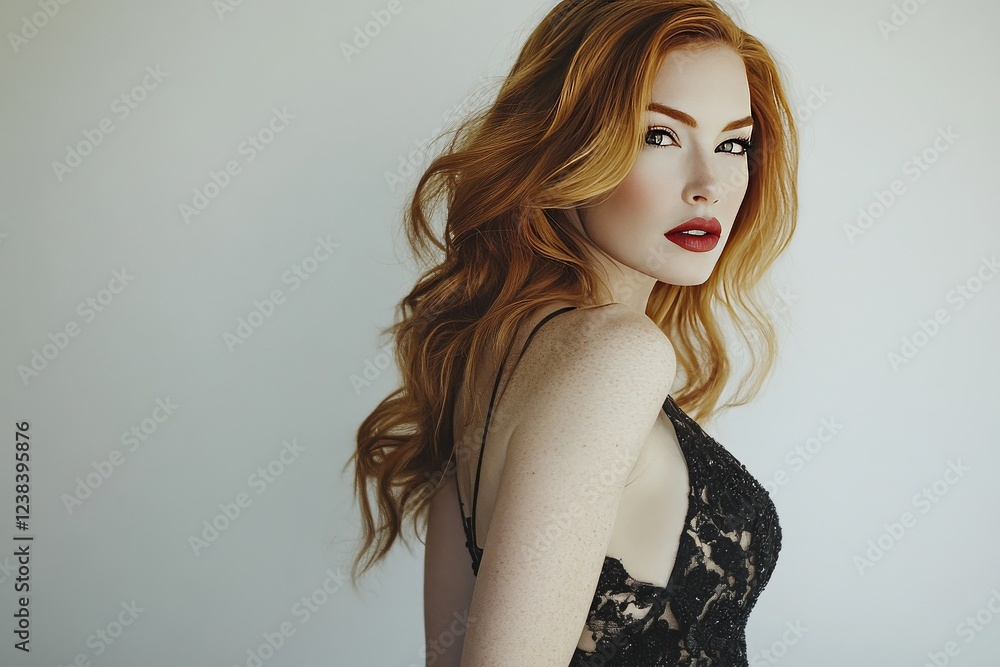 A striking woman with long red hair and bold red lips, posing confidently in black lace lingerie against a light, minimalistic background A striking woman with long red hair and bold red lips, posing confidently in black lace lingerie against a light, minimalistic background