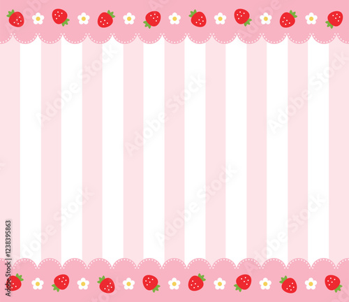 Pink background frame with cute style strawberry, flower, lace and striped pattern combination.