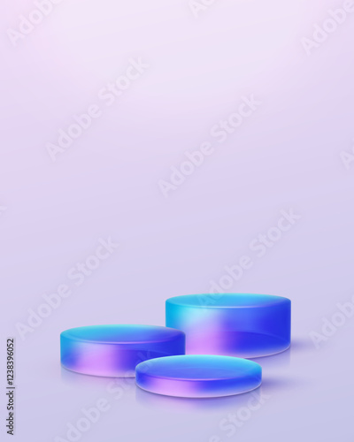 3d iridescent hologram disk, coin, podium, pedestal. Render figure with purple, pink, blue colors. Vector illustration isolated on white for design projects, product display, presentation, adv