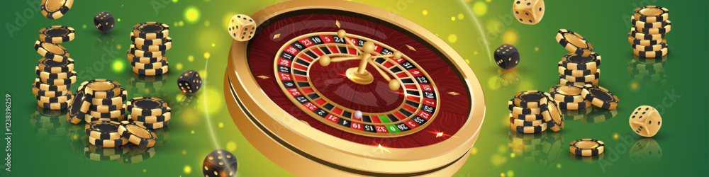 Benner with Golden casino roulette, wheel with black, gold poker chips, stacks of token, around on green background with reflection, lights. Vector illustration for design, advertising Benner with Golden casino roulette, wheel with black, gold poker chips, stacks of token, around on green background with reflection, lights. Vector illustration for design, advertising