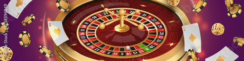 Banner with Golden casino roulette, wheel with flying black poker chips, tokens, playing cards, dices, around on purple background with lights, bokeh. Vector illustration for design, advertising