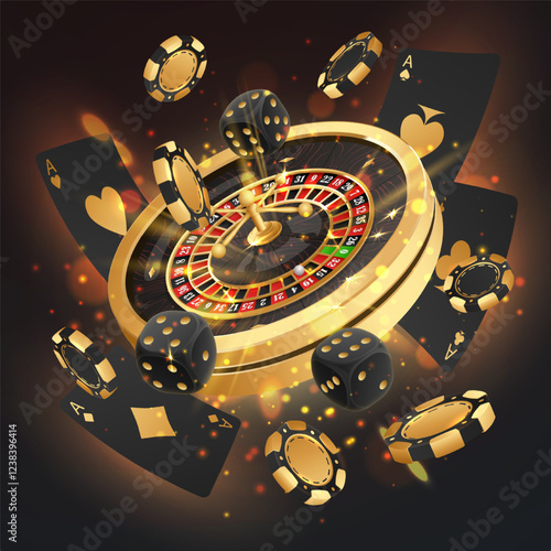 Golden casino roulette, wheel with black, gold poker chips, tokens, around on black background with reflection, lights. Vector illustration for design, advertising