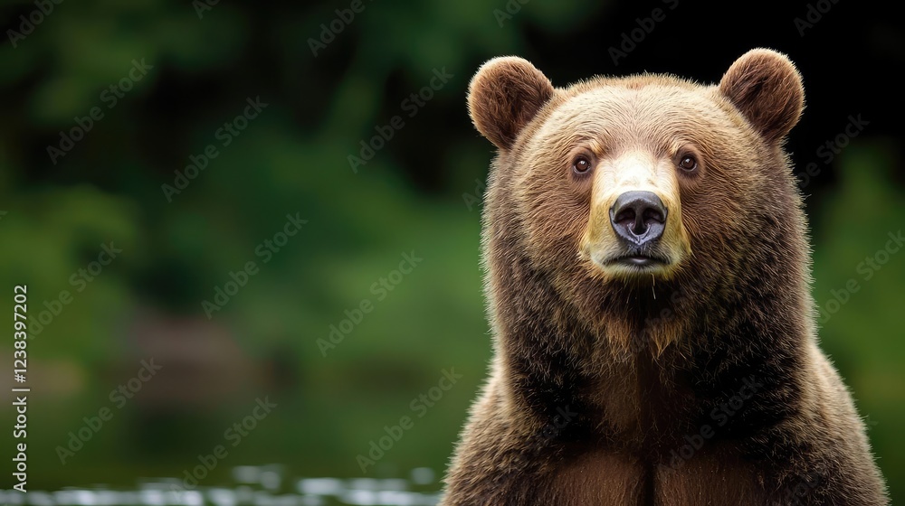Wildlife encounter nature idea. A majestic brown bear stands near a tranquil forested river, embodying wildlife beauty. Wildlife encounter nature idea. A majestic brown bear stands near a tranquil forested river, embodying wildlife beauty.
