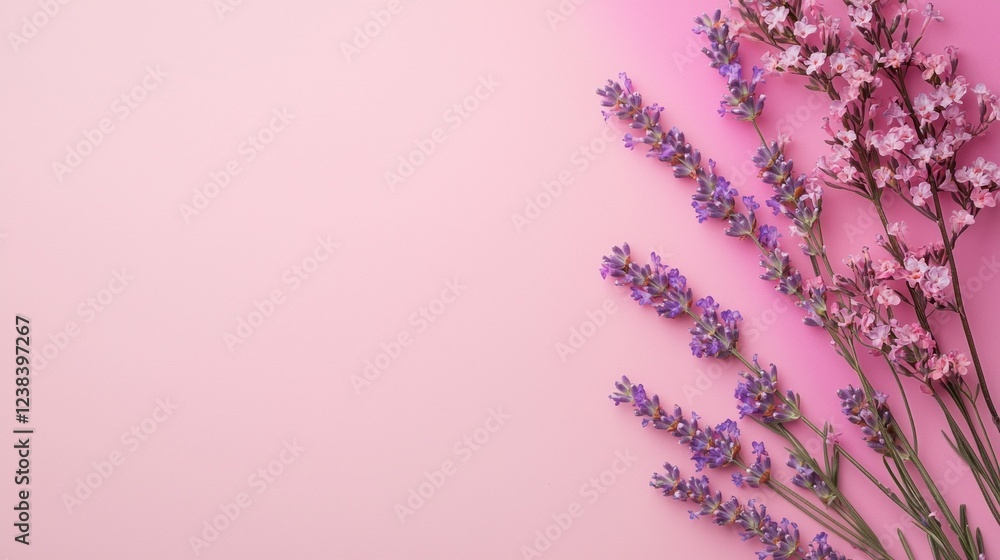 Fototapeta premium Delicate lavender and vibrant pink flowers lie gracefully against a soft pink backdrop, creating a stunning display of colors and textures that evoke calmness and beauty