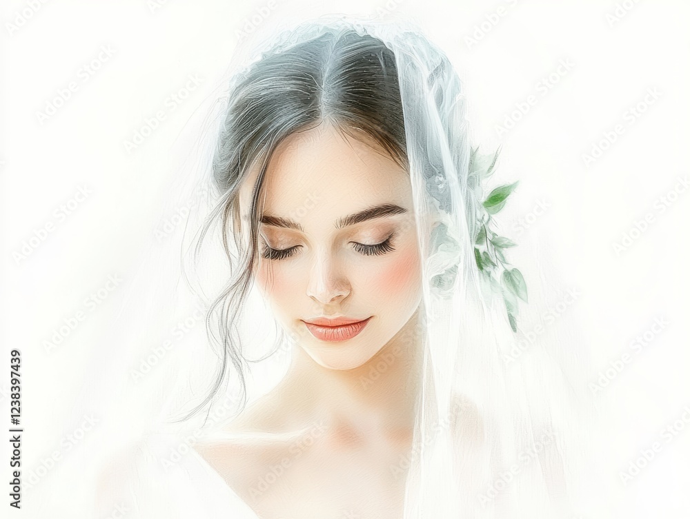 Beautiful woman in veil with delicate flower in hair, a portrait of elegance and style Beautiful woman in veil with delicate flower in hair, a portrait of elegance and style