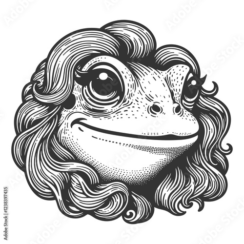 frog with large eyes and luxurious, curly hair, blending surrealism and humor sketch engraving generative ai vector illustration. Scratch board imitation. Black and white image.