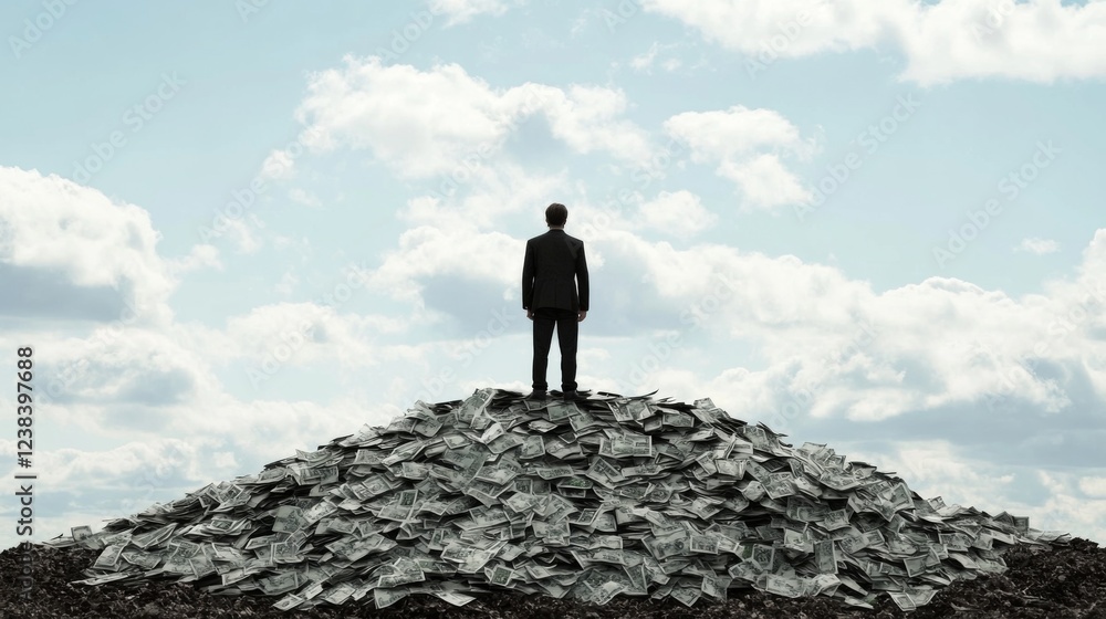 Man on money mountain, sky background, wealth, success