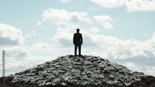 Obraz na płótnie Man on money mountain, sky background, wealth, success w salonie