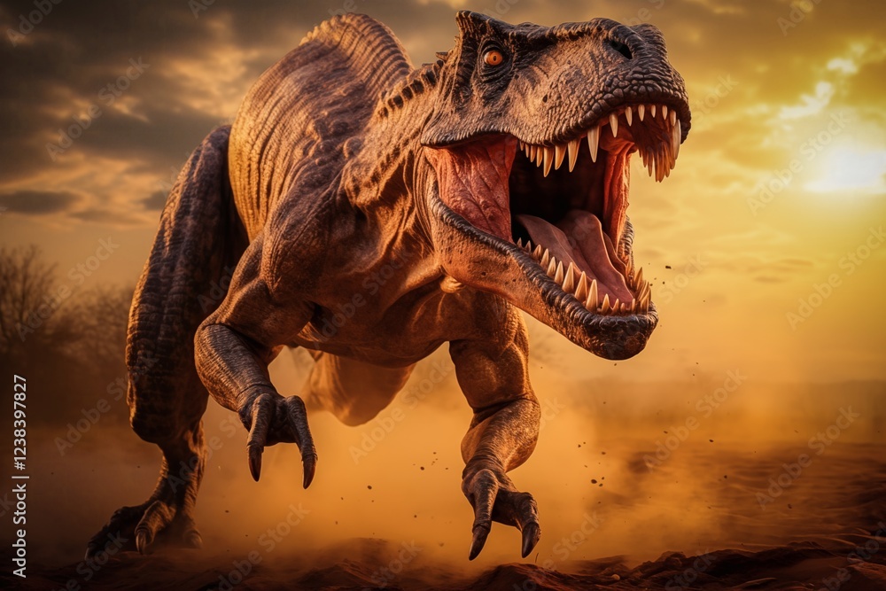 Fototapeta premium Tyrannosaur rex roaring in a prehistoric forest with lush vegetation, ferns and sunlight