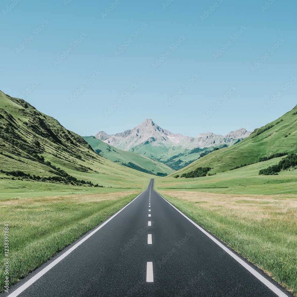 Naklejka premium Scenic Asphalt Road Winding Through Lush Green Valley towards Majestic Mountains