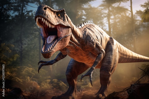 Tyrannosaur rex roaring in a prehistoric forest with lush vegetation, ferns and sunlight