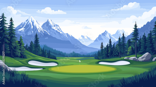 Golf Course Sport Field Nature Landscape with Mountains View in the background