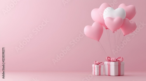 Valentine's Day Gift Boxes and Heart-Shaped Balloons on Pink Background and Copy Space.
