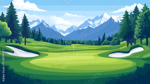 Golf Course Sport Field Nature Landscape with Mountains View in the background