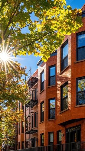 Wallpaper Mural Autumn Sunlight on Brick Townhouses Fall Foliage Urban Residential Building Torontodigital.ca