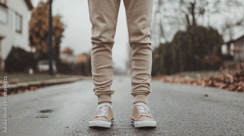 Person standing on street, suburban background, autumn Person standing on street, suburban background, autumn