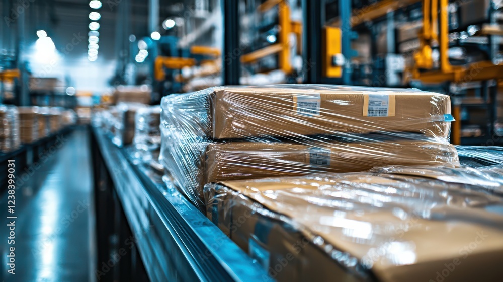 Efficient warehouse with stacked packages wrapped in plastic, showcasing sustainable packaging materials. organized layout highlights modern logistics and storage solutions Efficient warehouse with stacked packages wrapped in plastic, showcasing sustainable packaging materials. organized layout highlights modern logistics and storage solutions