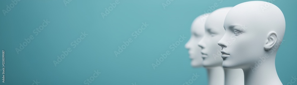 Three White Mannequin Heads in Profile Against Teal Background Fashion Display Minimalist Style Three White Mannequin Heads in Profile Against Teal Background Fashion Display Minimalist Style