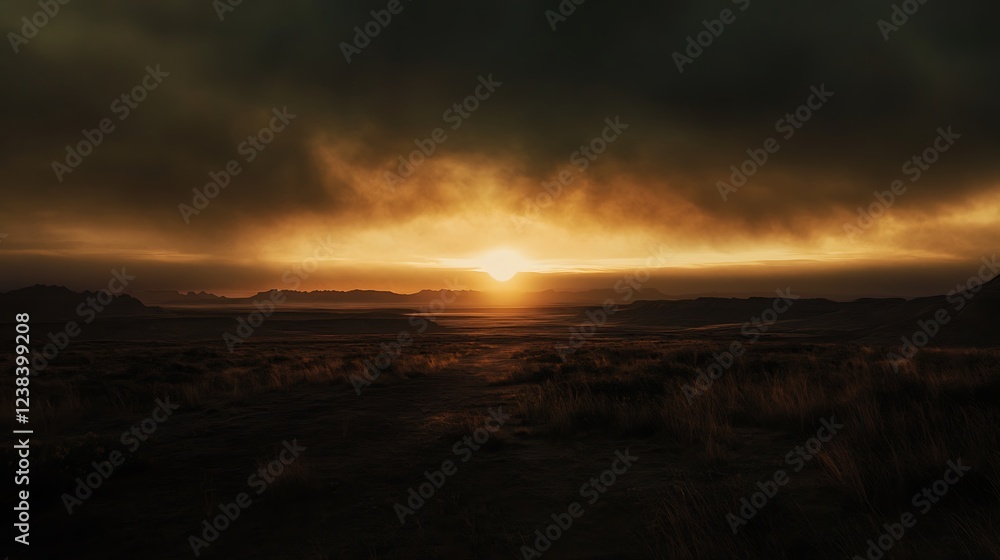 Dramatic sunrise over a misty, grassy plain. Dramatic sunrise over a misty, grassy plain.