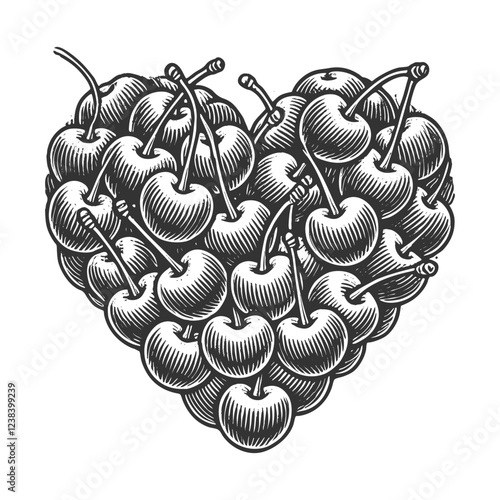 cherries and leaves intricately arranged in a heart shape, symbolizing natural beauty, love, and fresh produce sketch engraving generative ai vector illustration. Scratch board. Black and white image.