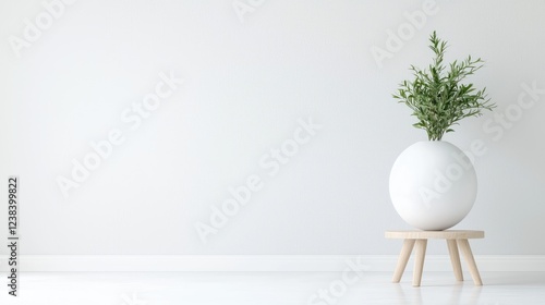 Minimalist room decor plant in white sphere vase on wooden stool