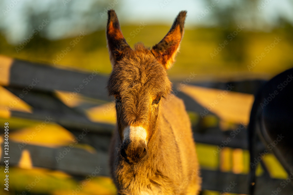 Portrait of a baby donkey standing near a rustic wooden fence, basking in warm sunlight, embodying innocence and charm. Farming animals. Donkey at farm.