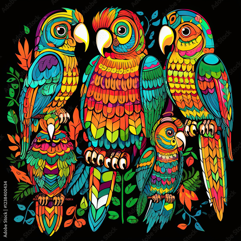 Fototapeta premium Set of colorful parrots on a black background.