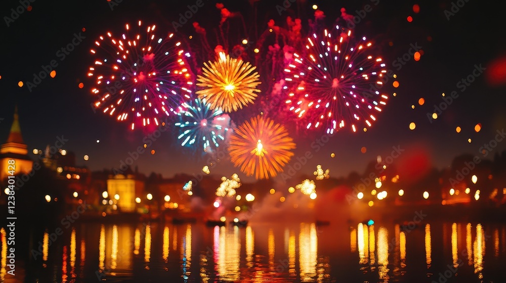Fototapeta premium A vibrant fireworks display illuminates the night sky, reflecting on water, creating a festive and enchanting atmosphere.