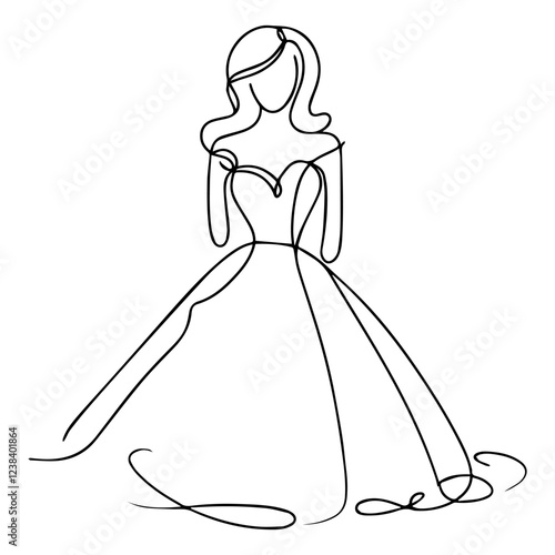 Wedding dress in line art style in black and white for bridal symbol