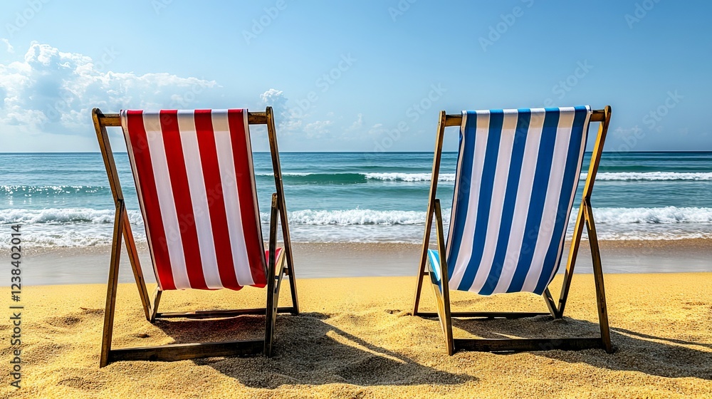 Two empty striped deckchairs facing the ocean on a sunny beach Two empty striped deckchairs facing the ocean on a sunny beach
