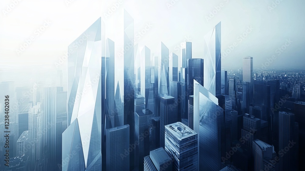 Obraz premium A stunning cityscape rendered in 3D, featuring modular architectural structures. The abstract design creates a unique and eye-catching composition. The angular lines