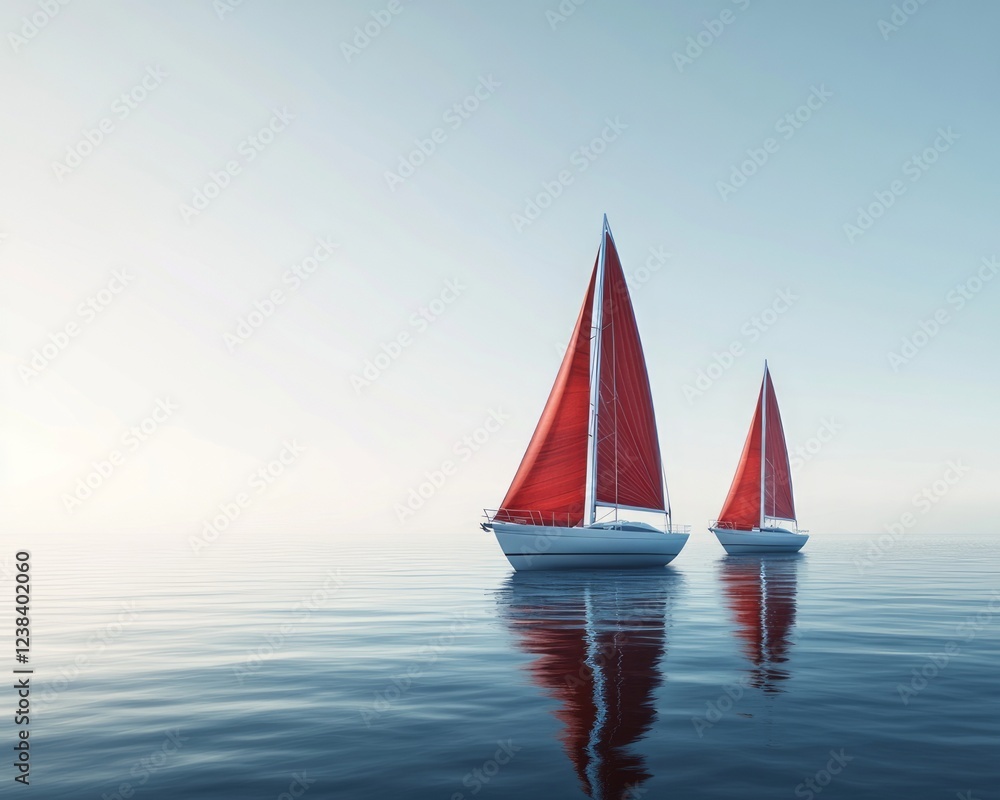 Fototapeta premium Sailing yachts in the harbor with reflections in the water, simple and realistic style, white background, perspective composition.