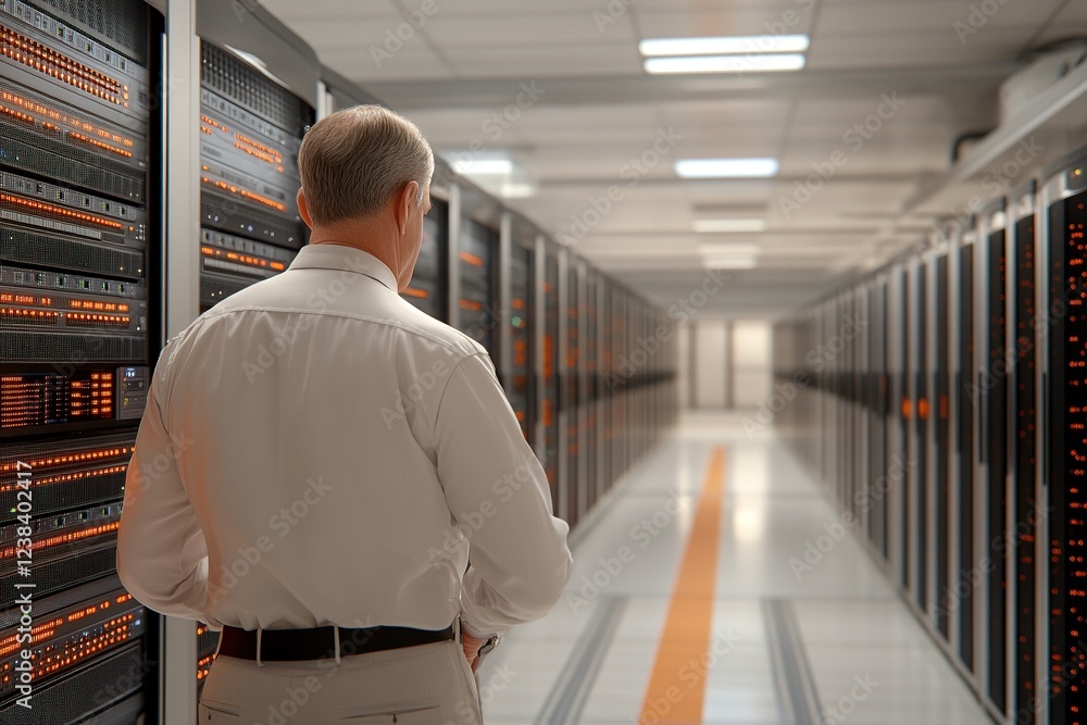 Professional monitoring data servers in a high-tech server room during the evening hours Professional monitoring data servers in a high-tech server room during the evening hours