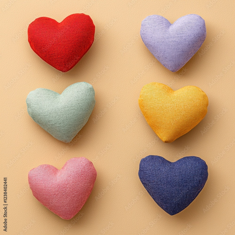 Fototapeta premium Colorful Fabric Heart Cushions Arranged on Beige Background Valentine s Day Decor