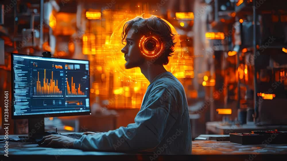 A young man working on a computer with glowing futuristic headphones and data visualization in an ambient-lit workspace A young man working on a computer with glowing futuristic headphones and data visualization in an ambient-lit workspace