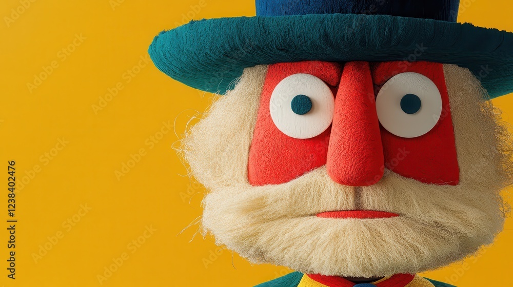 Fototapeta premium A colorful puppet character with exaggerated features, wearing a blue hat and a vibrant outfit, set against a bright yellow background.