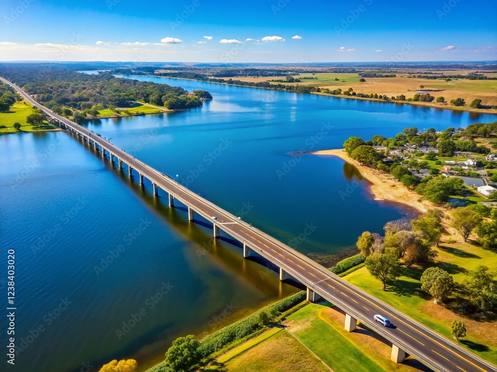 Aerial View: Yarrawonga Lake Mulwala Bridge, Road Crossing Scenic Landscape Aerial View: Yarrawonga Lake Mulwala Bridge, Road Crossing Scenic Landscape