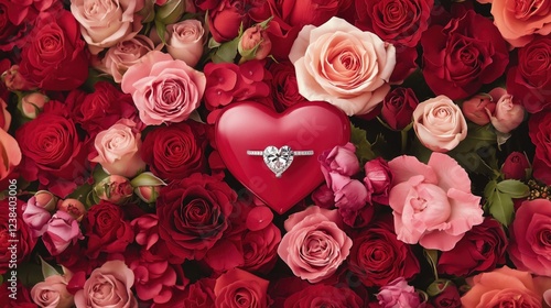 Red heart with a diamond ring surrounded by a variety of roses, perfect for romantic occasions like Valentine's Day or proposals.