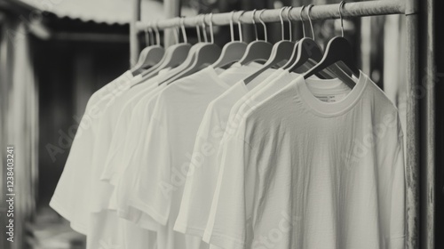 White t-shirts hanging outdoors, clothing rack, rustic background, apparel display photo